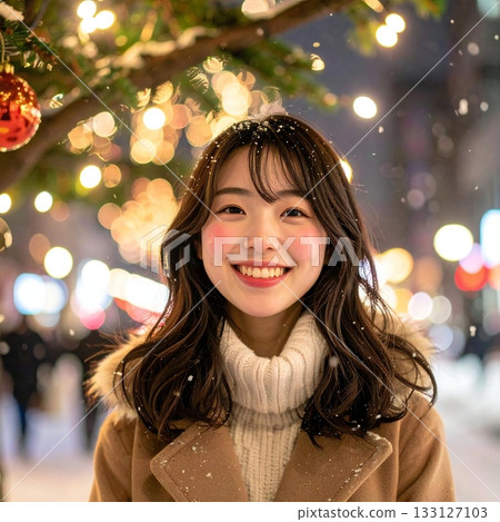 Portrait of a smiling woman on a snowy Christmas night Portrait of a smiling woman on a snowy Christmas night 133127103