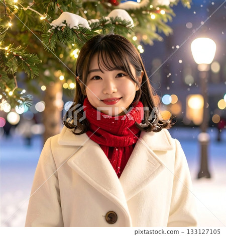 A woman with a warm smile on a winter night surrounded by falling snow and shining tree lights. A woman with a warm smile on a winter night surrounded by falling snow and shining tree lights. 133127105