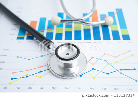 Stethoscope on chart or graph paper, Financial, account, statistics and business data medical health. Stethoscope on chart or graph paper, Financial, account, statistics and business data medical health. 133127334
