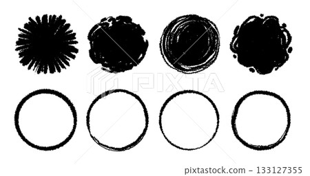Hand drawn brush round vector set. Crayon pencil brush stroke black round shape. Scribble sketch hand drawn crayon, ink splash, rough dot texture circle elements. Vector Hand drawn brush round vector set. Crayon pencil brush stroke black round shape. Scribble sketch hand drawn crayon, ink splash, rough dot texture circle elements. Vector 133127355
