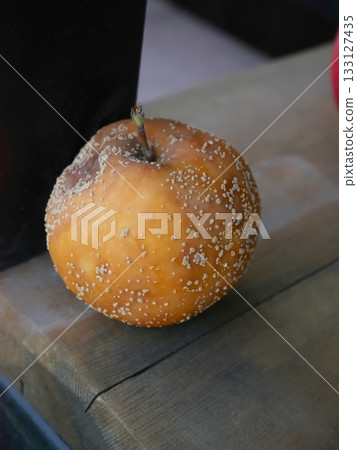 Moldy Apple on Wood: Nature's Decomposition Process Moldy Apple on Wood: Nature's Decomposition Process 133127435