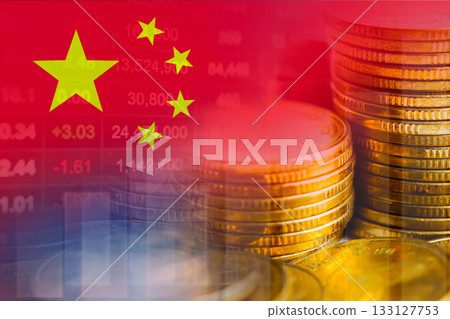 China flag with stock market finance, economy trend graph digital technology. China flag with stock market finance, economy trend graph digital technology. 133127753