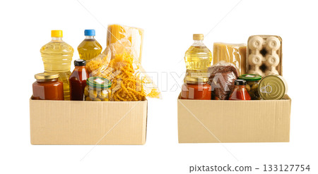 Foodstuffs in donation box isolated on white background for volunteer to help people. 133127754