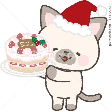 一隻笑容燦爛的暹羅貓抱著聖誕蛋糕 一隻笑容燦爛的暹羅貓抱著聖誕蛋糕 133127812