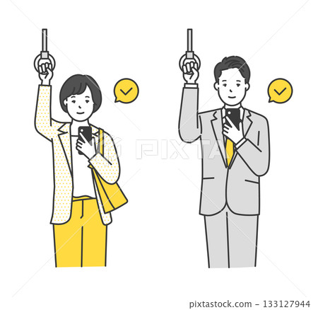 Illustration material of a business person holding onto a strap and looking at a smartphone Illustration material of a business person holding onto a strap and looking at a smartphone 133127944