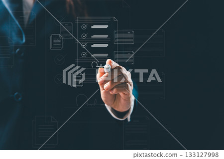 Businesswoman is signing electronic documents on virtual screen, using digital technology to manage online contracts and streamline document management in modern business operations. Businesswoman is signing electronic documents on virtual screen, using digital technology to manage online contracts and streamline document management in modern business operations. 133127998
