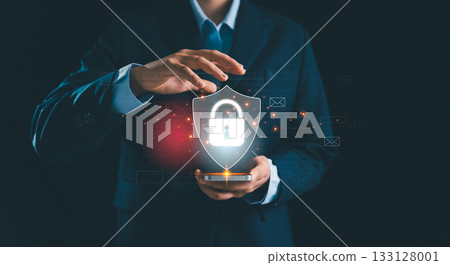 Businesswoman stands before virtual security system, futuristic technology like biometric fingerprint scanner, password, key access to guard sensitive data-illustrating concept of digital protection. 133128001