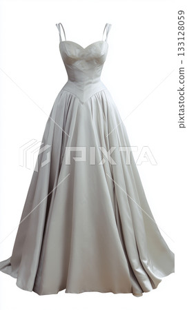 Elegant silver evening gown with fitted bodice and flowing skirt 133128059