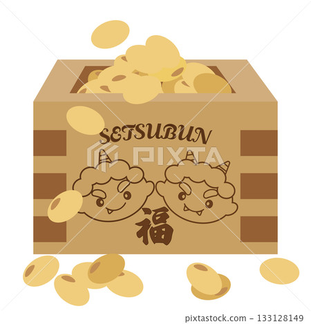 Illustration of a wooden box with Setsubun, good fortune, and demons branded on it 133128149