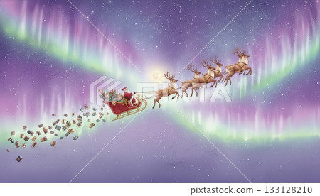 Santa flying through the night sky with presents overflowing 133128210