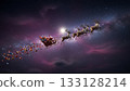 Santa riding a reindeer sleigh through the night sky 133128214