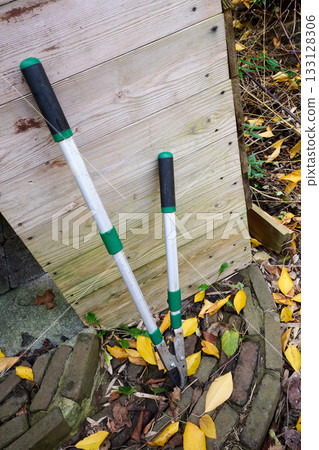 grass scissors and cabin window 133128306