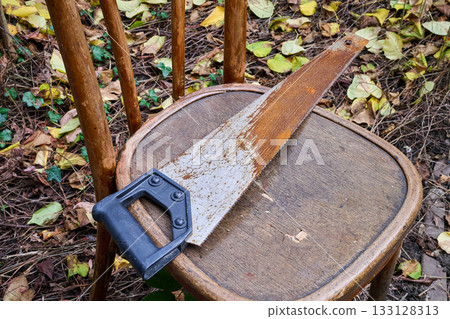 a wood saw on a garden chair 133128313