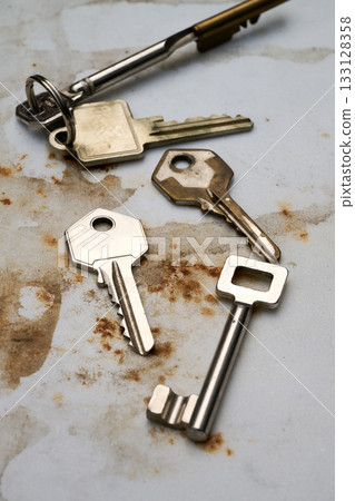 Set of keys on marble table Set of keys on marble table 133128358