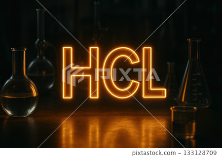 Glowing HCL text in dark scientific lab environment. Chemical formula visualization with mysterious neon typography, glass flasks, and beakers for modern laboratory concept Glowing HCL text in dark scientific lab environment. Chemical formula visualization with mysterious neon typography, glass flasks, and beakers for modern laboratory concept 133128709