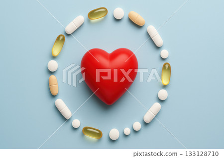 Heart health concept showing medical care and hope. arrangement of supplement, vitamin, pill, and capsule on pastel blue background symbolizes wellness and treatment Heart health concept showing medical care and hope. arrangement of supplement, vitamin, pill, and capsule on pastel blue background symbolizes wellness and treatment 133128710