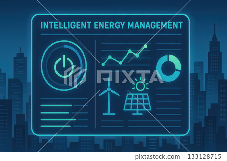 Intelligent energy management dashboard shows renewable power analytics and visualization. futuristic screen for environmental monitoring over modern city skyline at night 133128715
