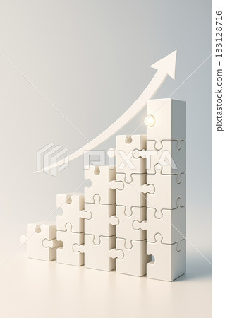 Interlocking puzzle pieces form growth chart with an upward arrow, metaphor for teamwork, business success, and collaboration. clean, optimistic concept for strategy Interlocking puzzle pieces form growth chart with an upward arrow, metaphor for teamwork, business success, and collaboration. clean, optimistic concept for strategy 133128716
