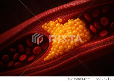 Concerning artery blockage with lipid accumulation. Yellow fat molecules and cholesterol plaque blocking red blood flow, serious cardiovascular disease visualization 133128719