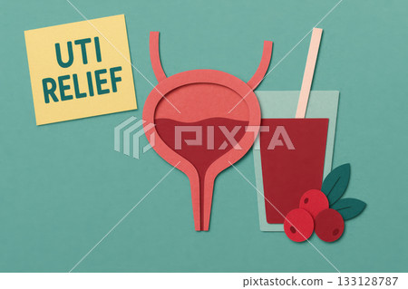 Paper cut urinary bladder and cranberry drink illustration for UTI relief. helpful healthcare awareness concept showing holistic remedy on green blue background with sticky note Paper cut urinary bladder and cranberry drink illustration for UTI relief. helpful healthcare awareness concept showing holistic remedy on green blue background with sticky note 133128787