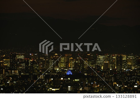 Osaka Castle lit up in blue, seen from above Osaka Castle lit up in blue, seen from above 133128891