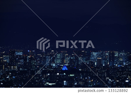 Osaka Castle lit up in blue, seen from above Osaka Castle lit up in blue, seen from above 133128892