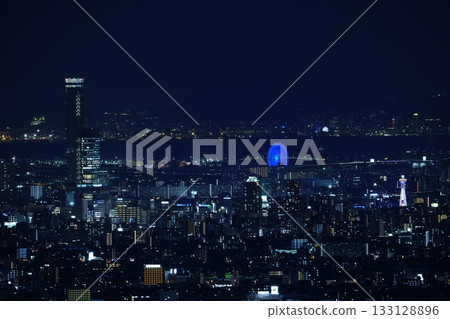 Osaka Castle lit up in blue, seen from above Osaka Castle lit up in blue, seen from above 133128896