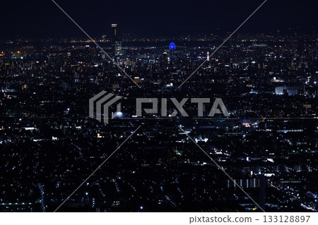 Osaka Castle lit up in blue, seen from above Osaka Castle lit up in blue, seen from above 133128897