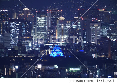 Osaka Castle lit up in blue, seen from above Osaka Castle lit up in blue, seen from above 133128901