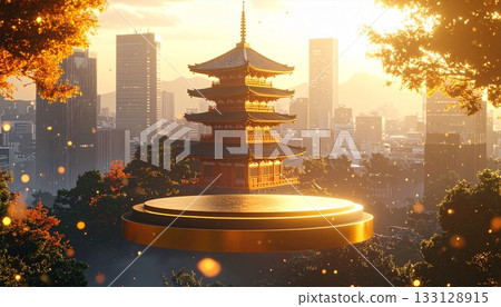 Golden pagoda pedestal overlooking a city panorama 133128915