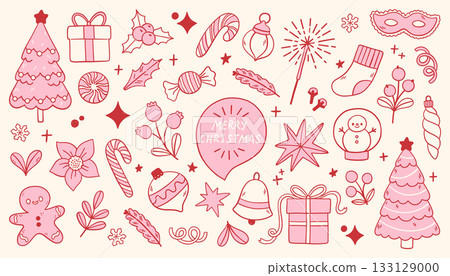 Vector set of pink Christmas doodle hand drawn stickers festive elements trees, gifts, candies, ornaments, stars, snowman. Cute whimsical holiday collection for cards, planners, and seasonal designs 133129000