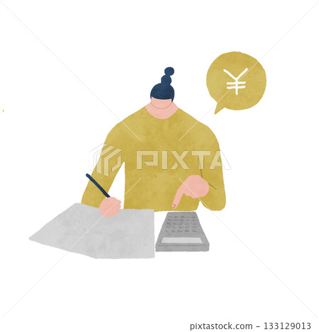 圖解：一位女士正在使用計算器計算金錢和管理家庭財務。 133129013