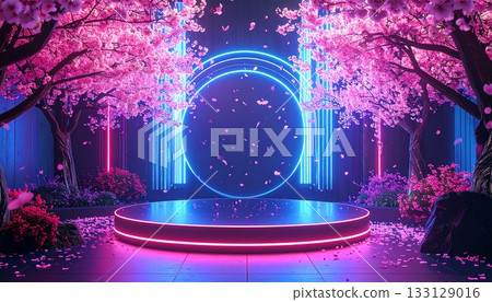 Cyberpunk blossom stage with neon ambiance 133129016