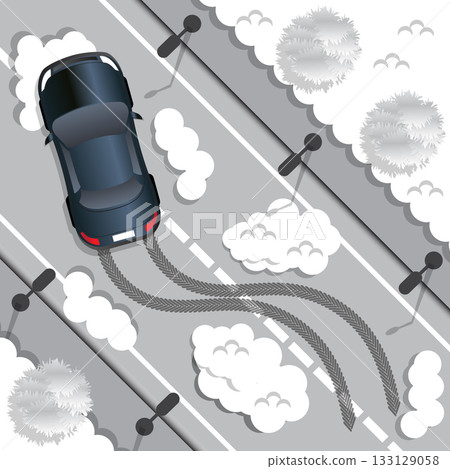 The car rides on a slippery road. View from above. Vector illustration. 133129058