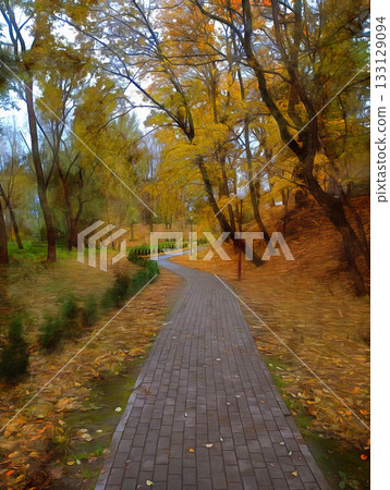 Autumn park. Imitation of painting. Stylized image. Autumn park. Imitation of painting. Stylized image. 133129094