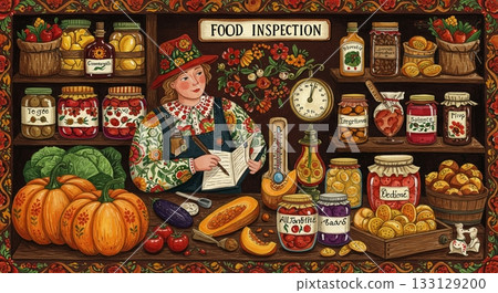 民間藝術風格。食品廠男員工正在檢查包裝產品。 民間藝術風格。食品廠男員工正在檢查包裝產品。 133129200