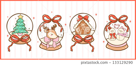 Cute Gingham Coquette Christmas Snow Globe Cartoon Hand Drawn Set, Kawaii Girly Festive Holiday Doodle Collection 133129290