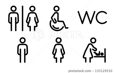 Toilet line icon set. WC and restroom signs including man, woman, mother with baby, disabled symbols 133129310