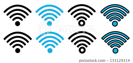 Set of wifi icons in various styles and signal levels. Minimal vector illustration 133129314