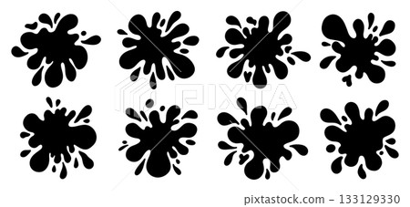Set ink drop splash. Hand drawn sketch blot with dripping effect. Liquid paint splatter spot  133129330
