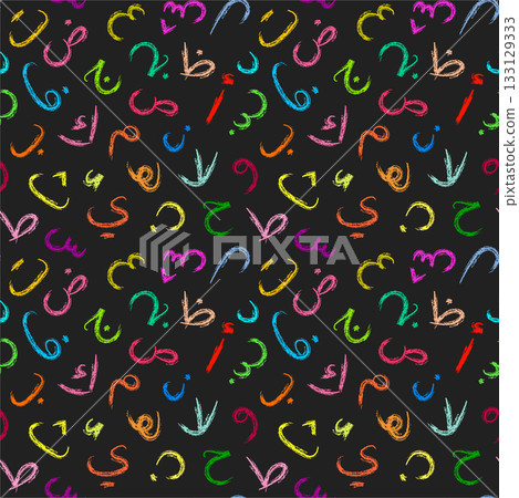 Seamless pattern of Arabic letters in kids doodle style. Hand drawn colorful alphabet made with wax 133129333