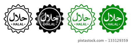 Halal icons and logos set with round seals representing food, drinks and products approved by Islamic certification. Modern vector illustration in black, white and green colors. Halal icons and logos set with round seals representing food, drinks and products approved by Islamic certification. Modern vector illustration in black, white and green colors. 133129359