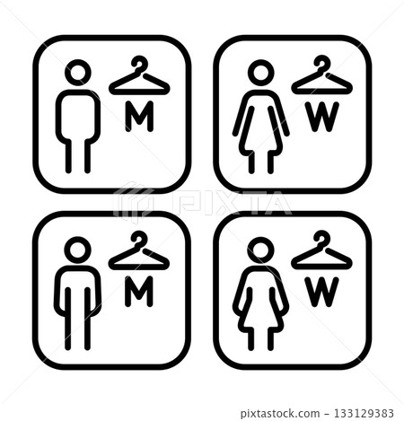 Changing room icons set with male and female symbols. Simple outline vector illustrations with clothes hanger signs for wardrobe, locker room or dressing area navigation and signage design. Changing room icons set with male and female symbols. Simple outline vector illustrations with clothes hanger signs for wardrobe, locker room or dressing area navigation and signage design. 133129383