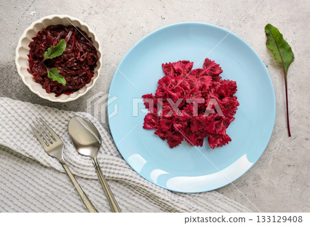 Homemade beetroot pasta serving home cook 133129408