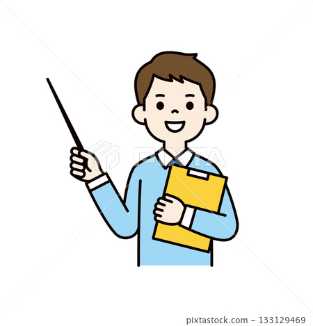 Upper body vector illustration of a young man in a dress shirt holding a pointer and explaining Upper body vector illustration of a young man in a dress shirt holding a pointer and explaining 133129469