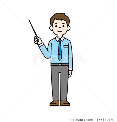 A young man in a dress shirt holding a pointer and explaining, full-body vector illustration material_color 133129470