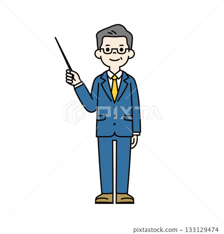 Full-body vector illustration of a senior man in a suit holding a pointer and explaining Full-body vector illustration of a senior man in a suit holding a pointer and explaining 133129474