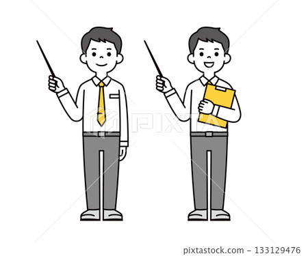 Full-body vector illustration of a young businessman wearing a dress shirt explaining with a pointer Full-body vector illustration of a young businessman wearing a dress shirt explaining with a pointer 133129476
