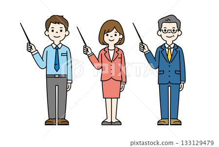 一套包含多位商務人士手持指示棒並進行講解的全身向量插圖素材（彩色） 133129479