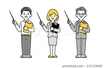 Full-body vector illustration set of multiple business people holding documents and explaining with pointers 133129482